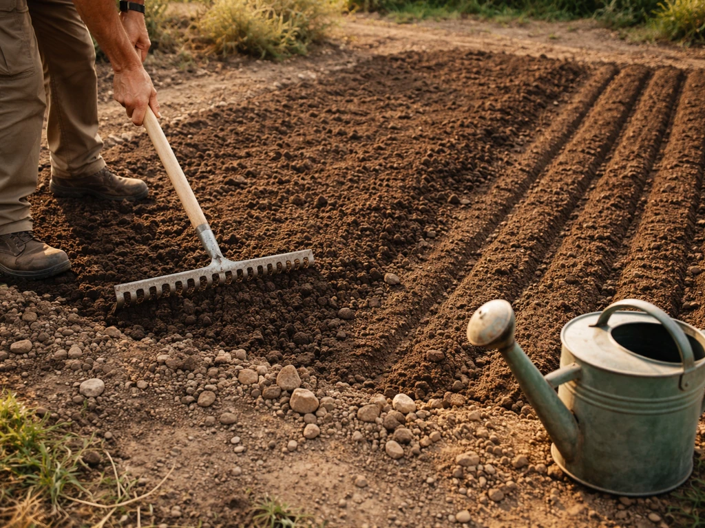 Jardinier anonyme préparant la terre puis semant en lignes, avec arrosage doux de démarrage.
