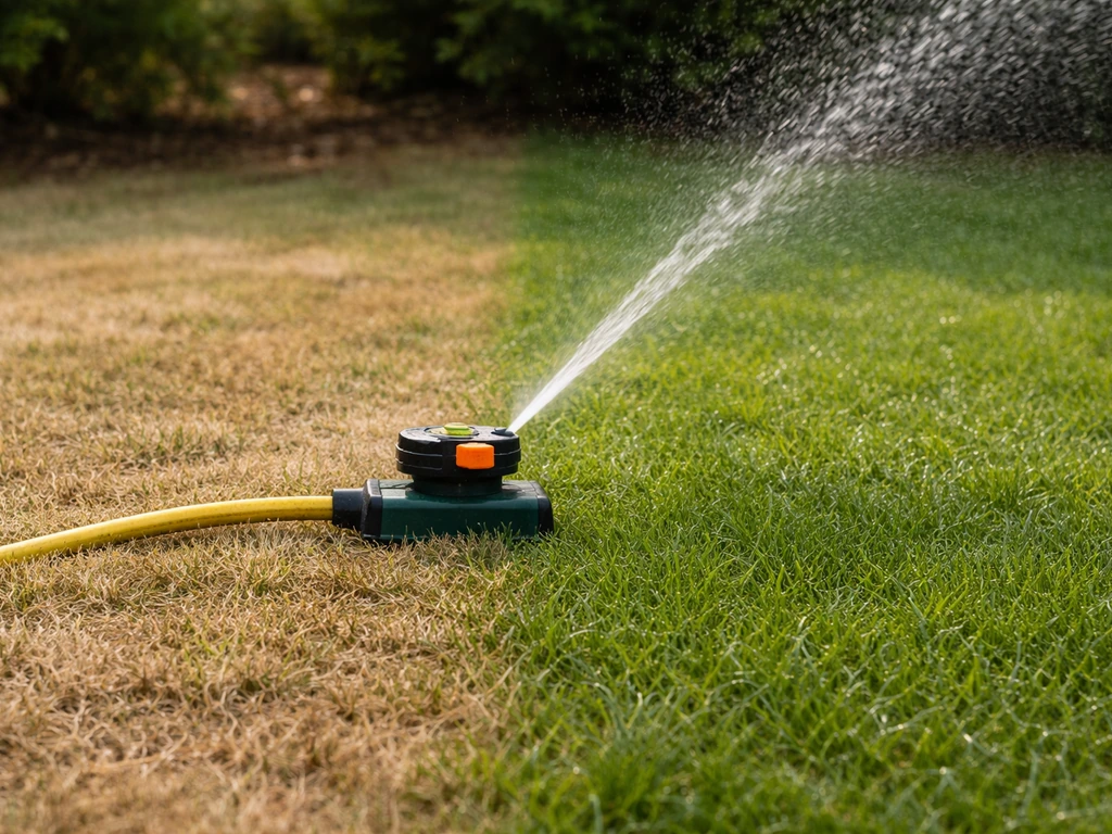 Arroseur réglé au sol, gazon partiellement sec puis zone humidifiée après arrosage profond.