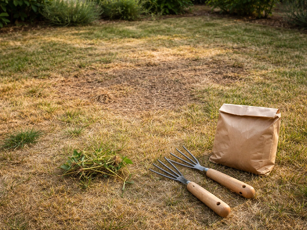 Jardin avec pelouse clairsemée jaunie, traces de brûlure et zone désherbée, outils posés au sol.