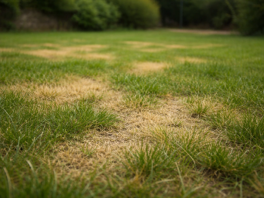 Pelouse de jardin française avec zones jaunies et hétérogènes, vue au sol, lumière naturelle