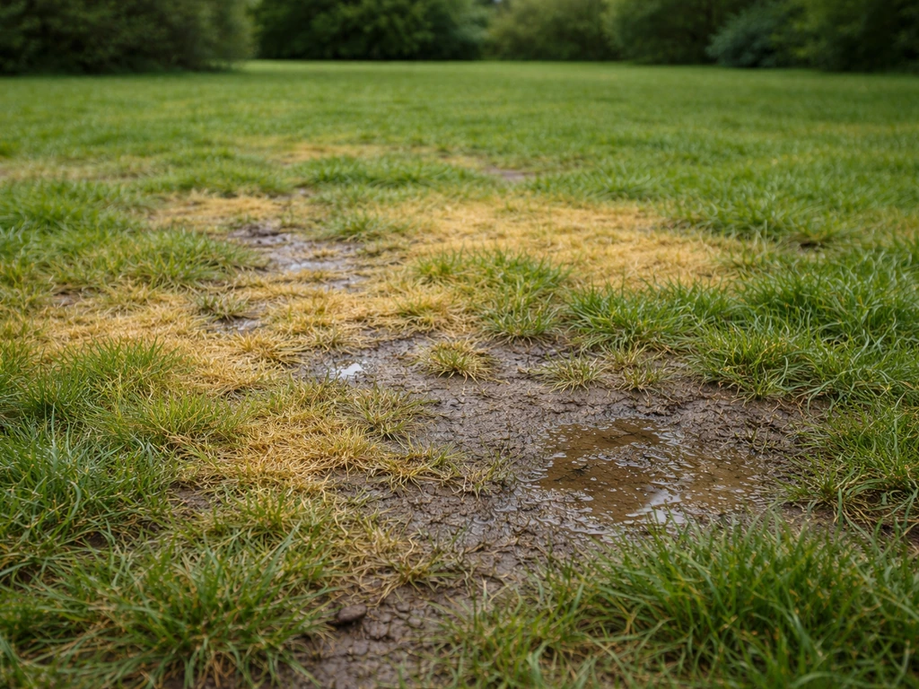 Pelouse jaunie par compactage, sol tassé avec traces de passage et légère stagnation en surface.