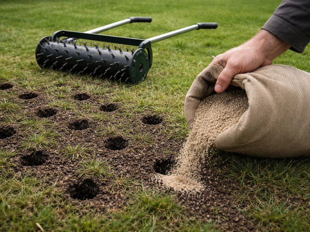 Un jardinier déverse du sable grossier dans des trous fraîchement aérés sur une pelouse.