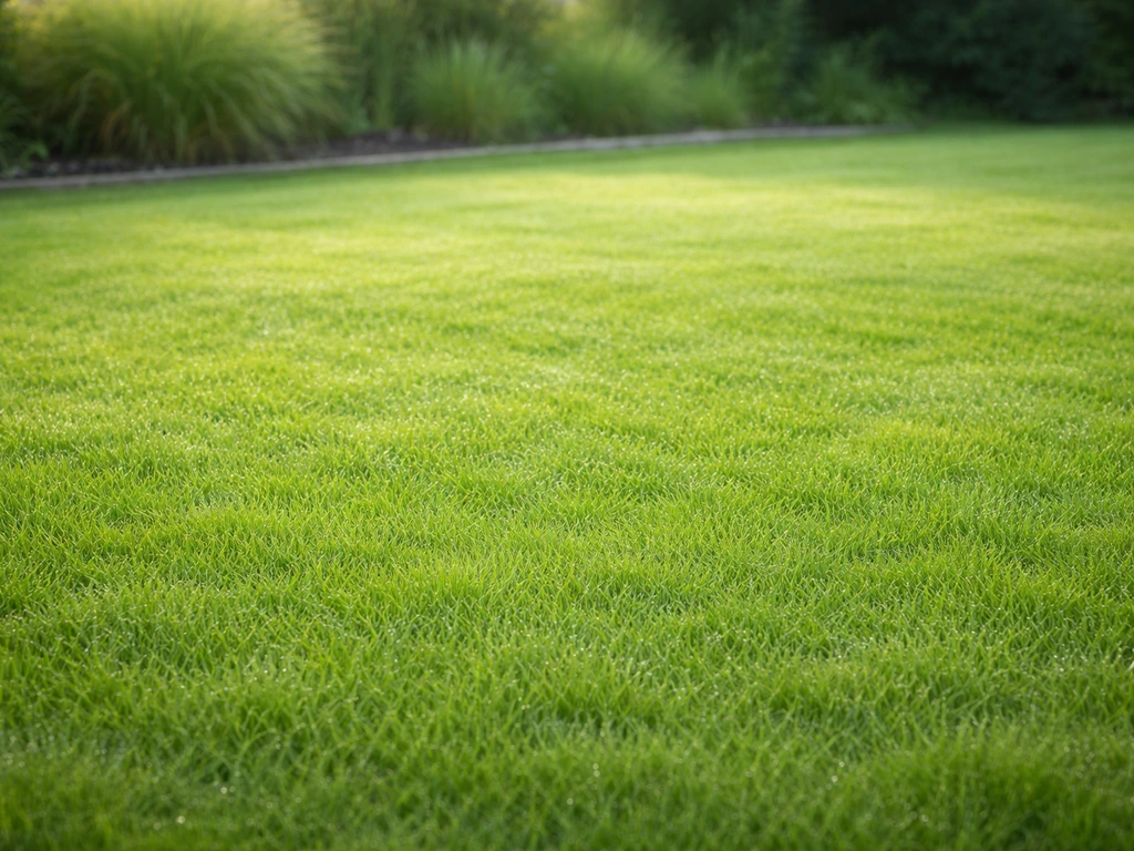 Jeune pelouse dense et uniforme, fraîchement levée, dans un jardin français au matin, texture bien visible.