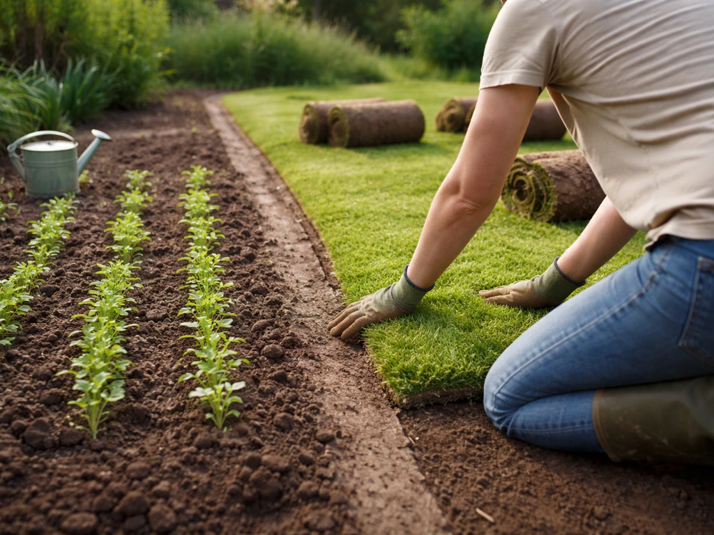 Deux zones de jardin : semis en gauche et rouleaux de gazon en droite, personne ajuste le bord.