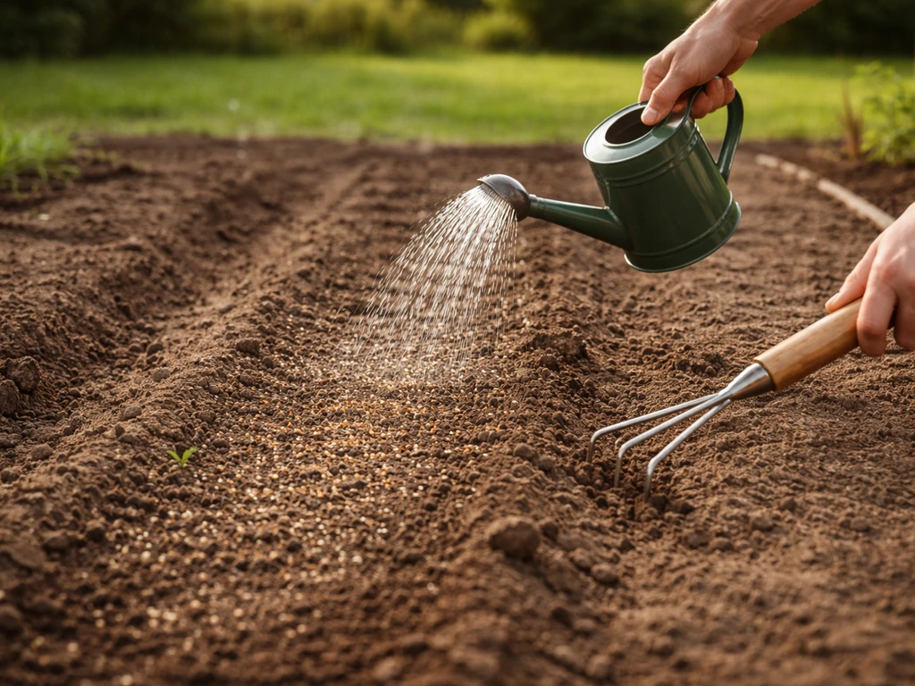 Jardinier arrose et recouvre légèrement des graines dans une zone clairsemée après semis