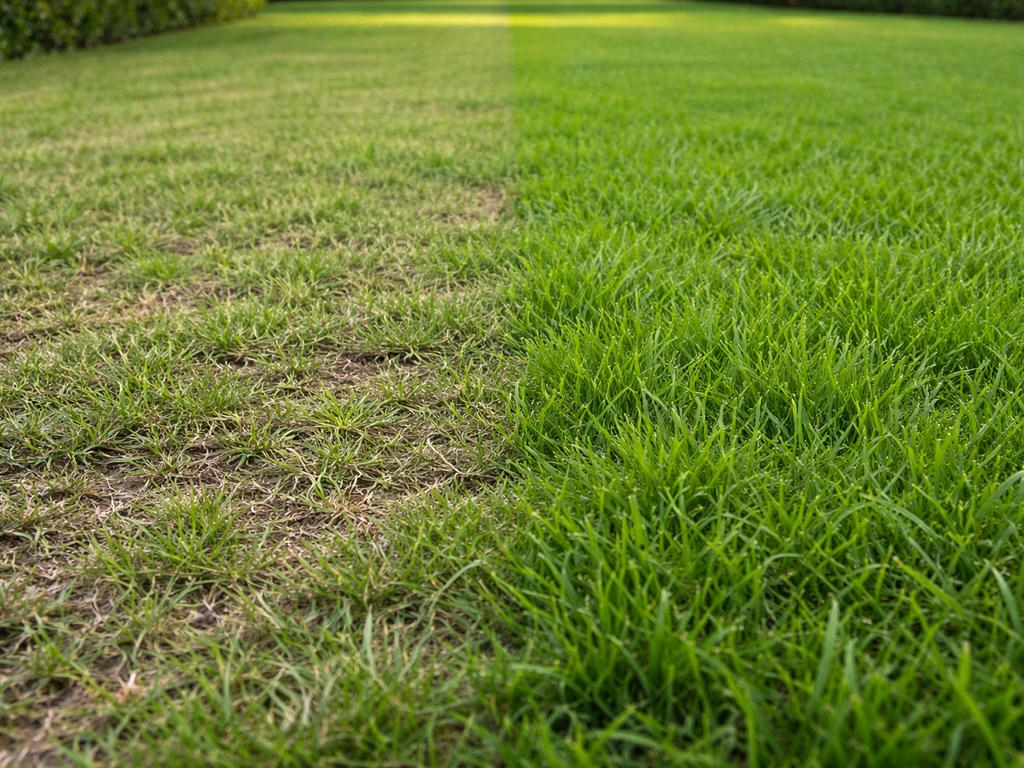 Gazon tondu trop ras à gauche et à hauteur correcte à droite, différence d’ombre et de texture visible