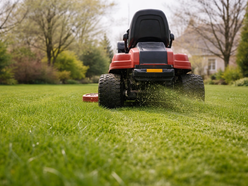 Tondeuse en action sur une pelouse en reprise printanière, sol humide, hauteur d’herbe maîtrisée.