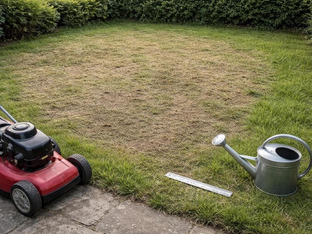 Pelouse rasée après scalping avec tondeuse au sol et accessoires, jardin discret, lumière naturelle.