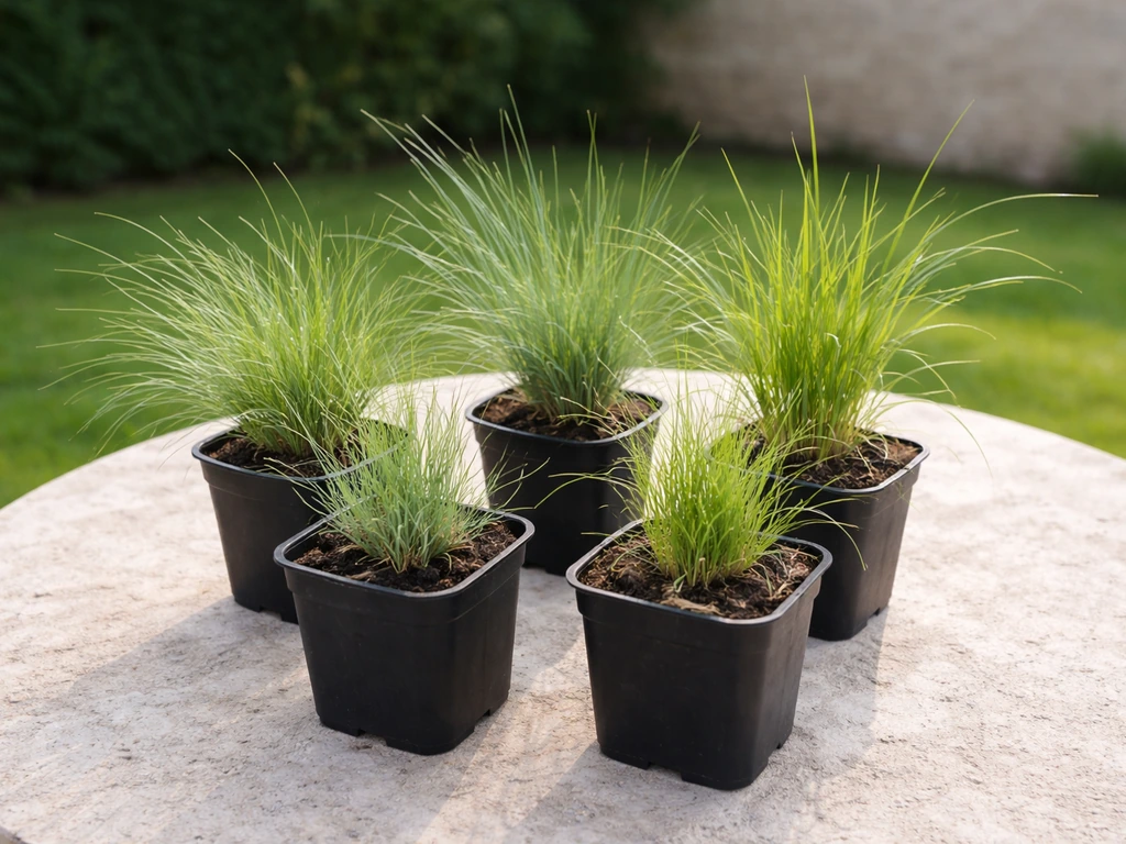 Godets de graminées fines vertes (fétuques et ray-grass) sur une table, texture des feuilles bien visible.