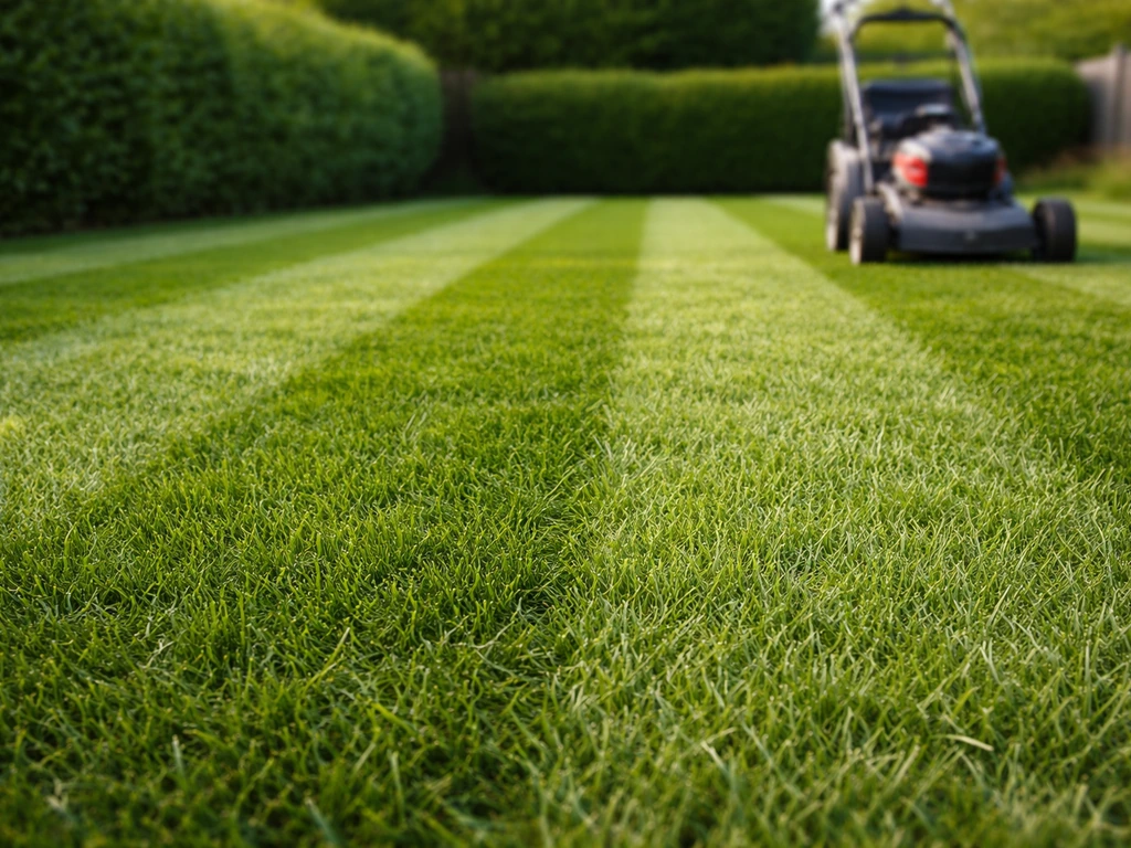 Tondeuse créant un traçage en rayures sur une pelouse, brins d’herbe orientés en alternance.