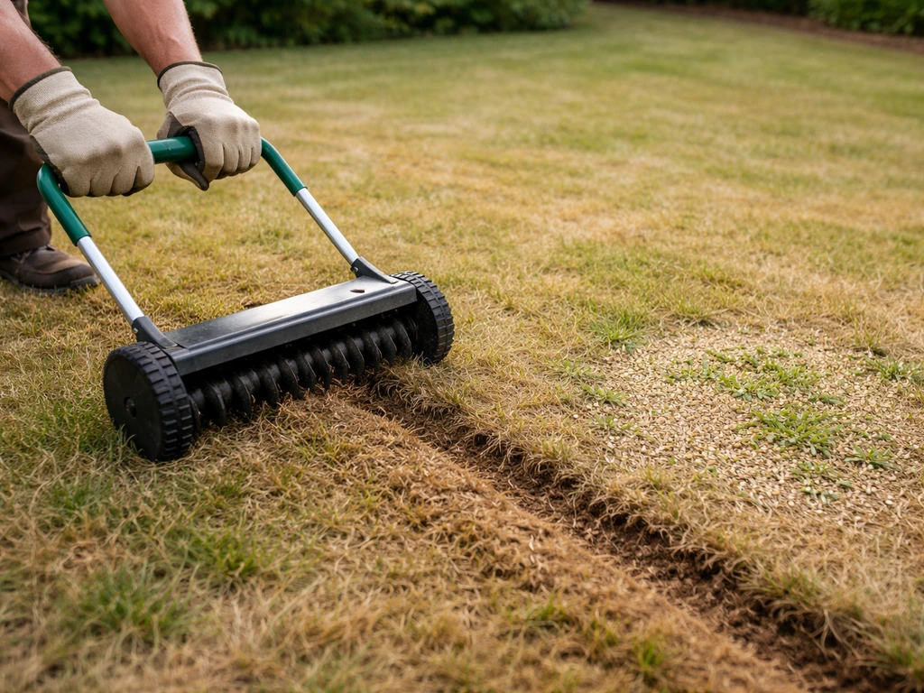 Pelouse clairsemée avant rénovation : scarificateur tiré et graines d’herbe semées au sol