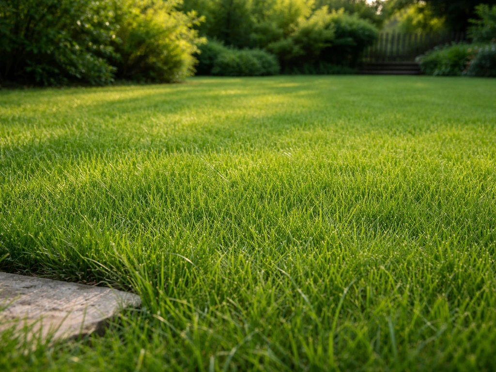Pelouse dense et verte, tondue haut (6–8 cm), jardin minimal avec repère discret de tonte rare.