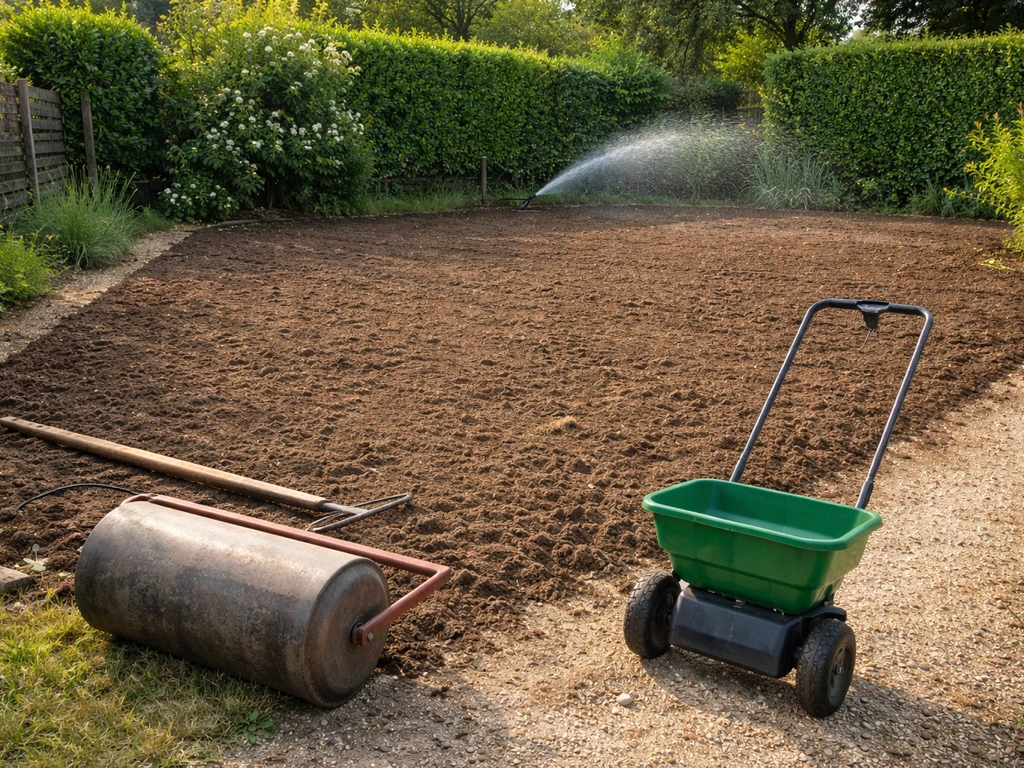 Terre ratissée et émiettée avant semis de gazon, outils de jardin et rouleau léger sur un petit chantier.