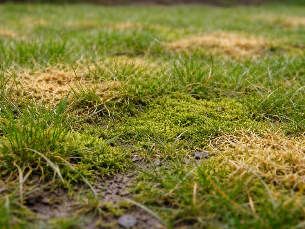 Pelouse en sortie d’hiver avec mousse visible et plaques localisées jaune-brun entre des brins d’herbe.