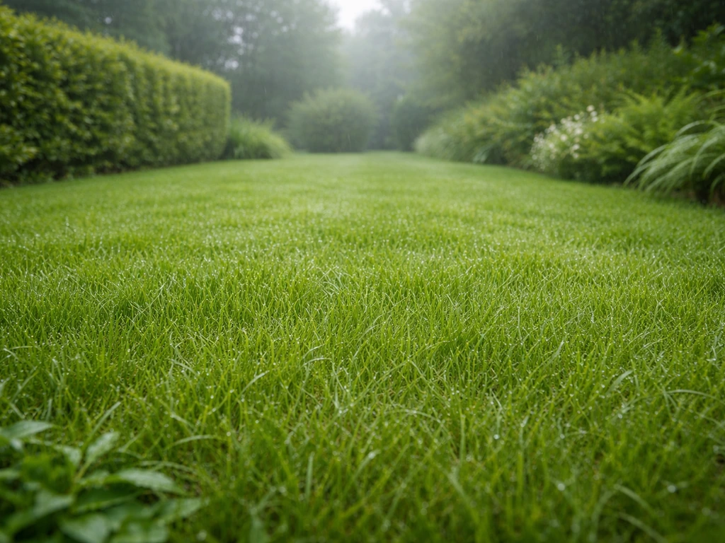 Pelouse normande verdoyante et homogène avec gouttes, léger voile de brume dans un jardin calme.