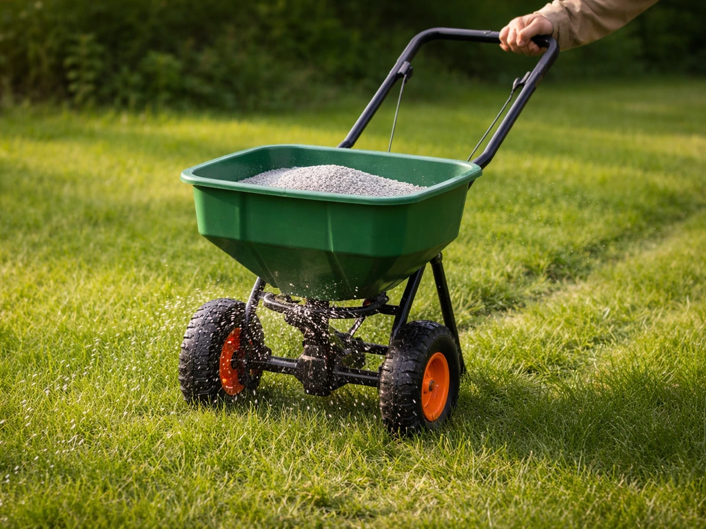 Épandeur à engrais projetant des granulés sur une pelouse verte, action de fertilisation printanière