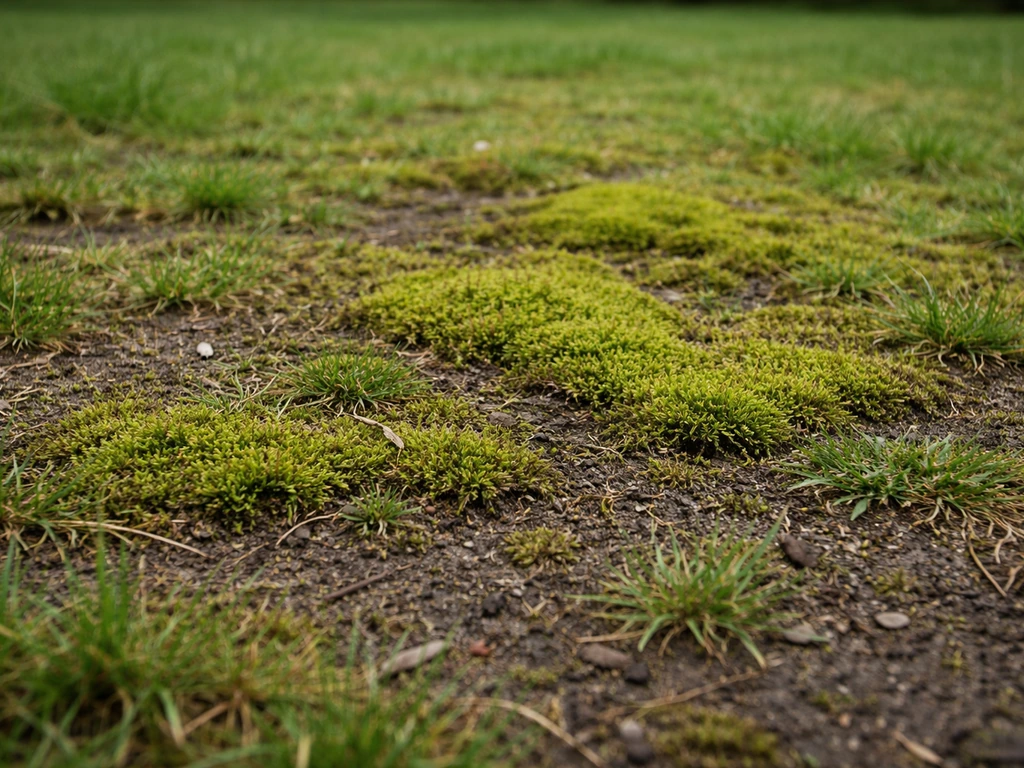 Zone de pelouse envahie par la mousse, herbe clairsemée et sols sombres entre les brins.
