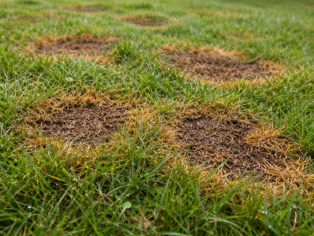 Plaques brunes aux contours irréguliers sur une pelouse humide, évoquant une maladie fongique.