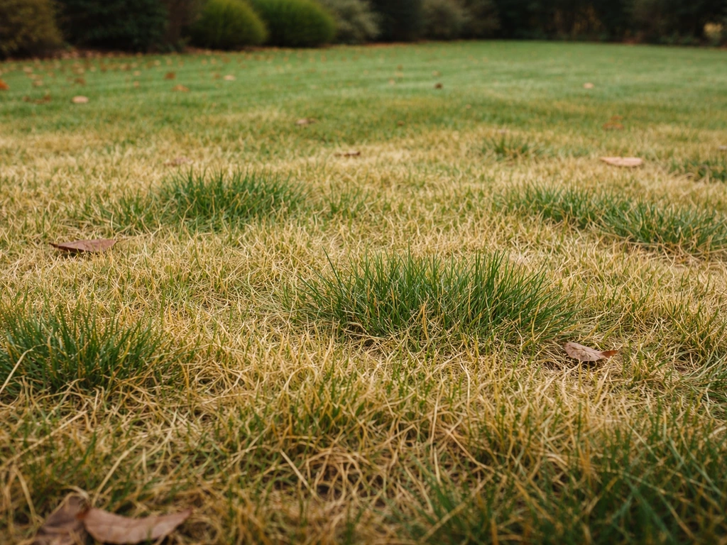 Gazon kikuyu jaunissant en hiver en France, rosée du matin et jardin au fond, hauteur de coupe visible.