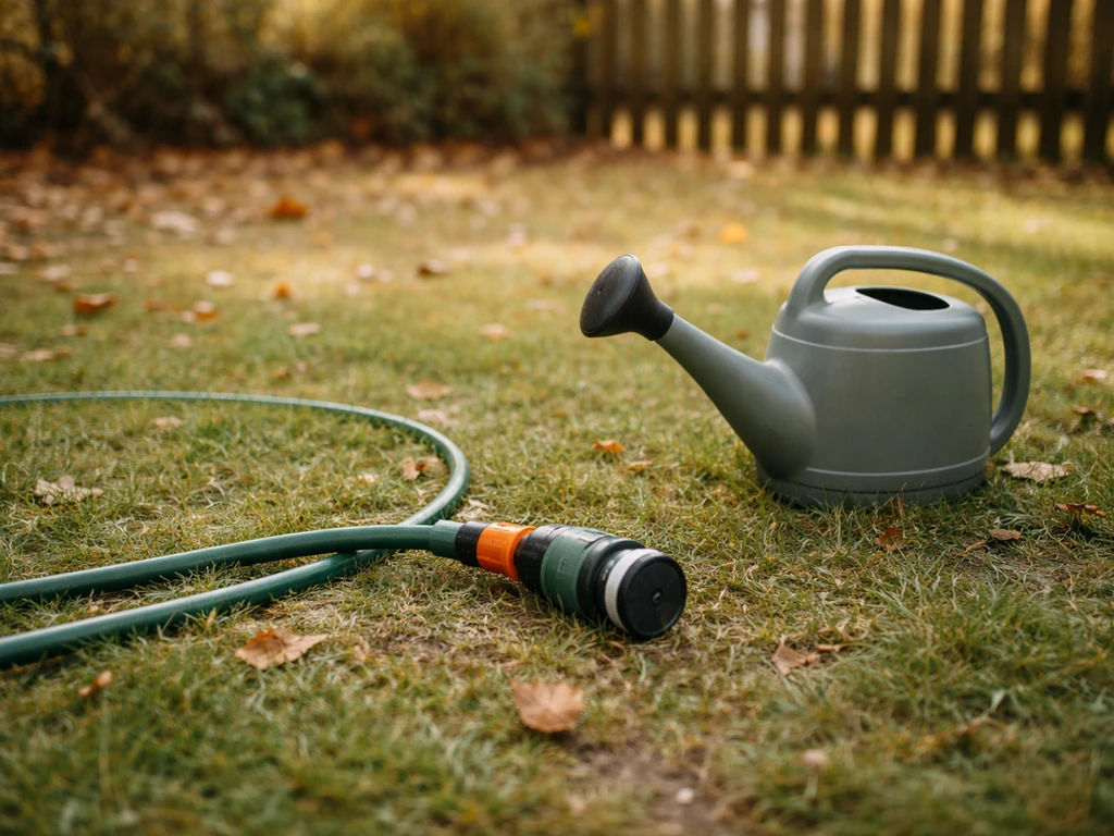 Arrosoir et tuyau rangés près d’une pelouse légèrement humide à l’automne, arrosage stoppé progressivement