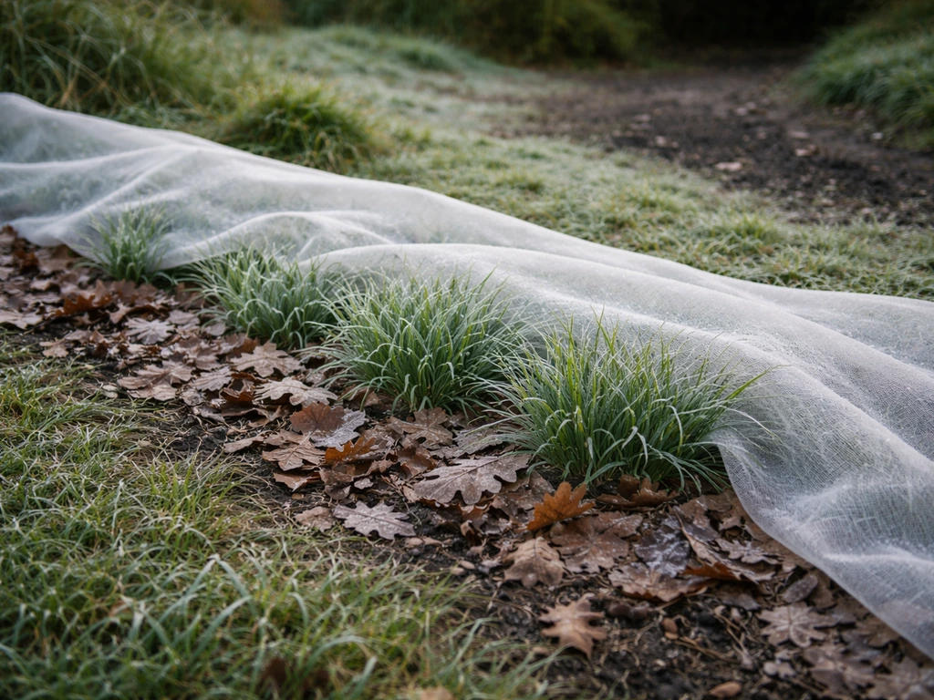 Paillage léger sur une pelouse au jardin, gel visible, terrain légèrement en pente suggérant zones à risque.