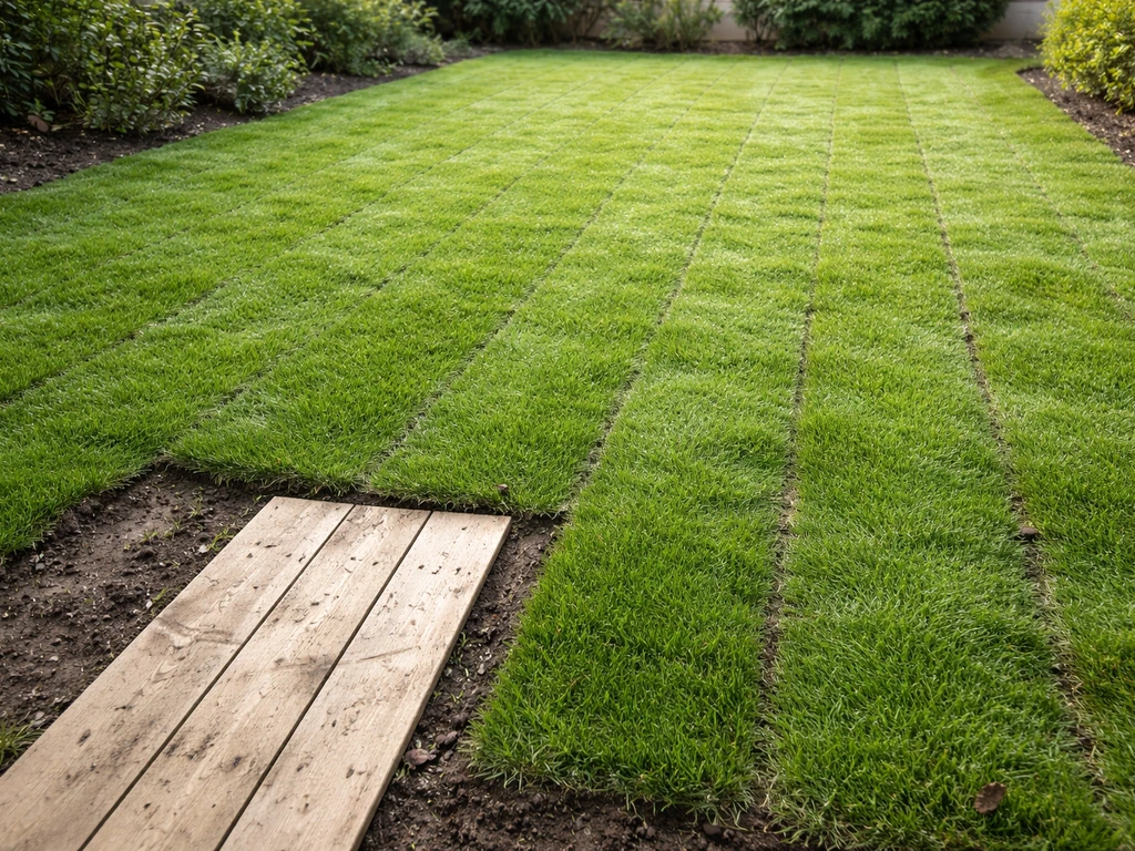 Gazon neuf en rouleaux, surface humide, avec des zones protégées pour éviter de marcher trop tôt.