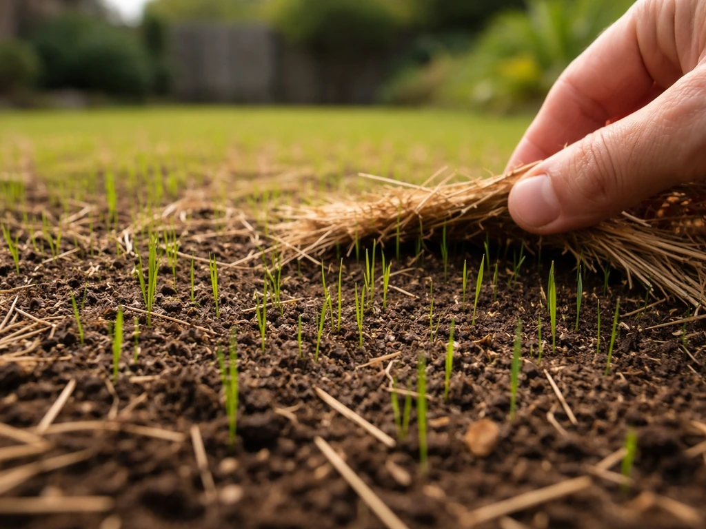 Jeunes pousses de gazon encore fragiles sur un sol récemment semé, vues de près et jardin simple.