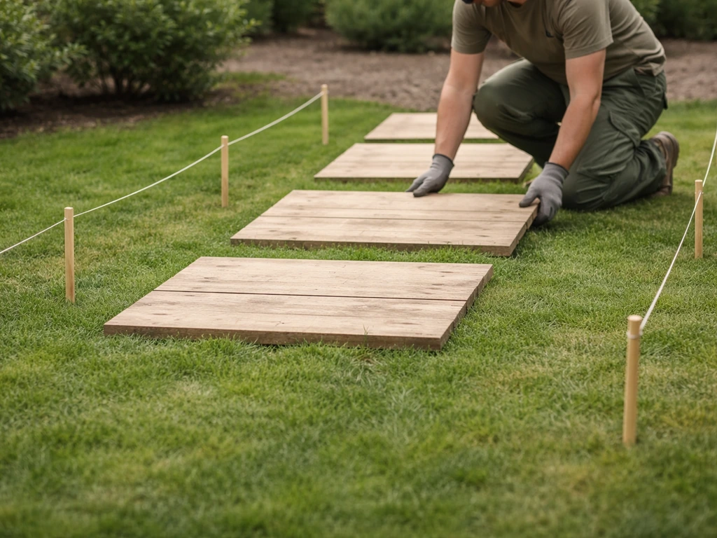 Un bricoleur pose des planches en bois pour traverser un gazon frais, délimité par des piquets temporaires