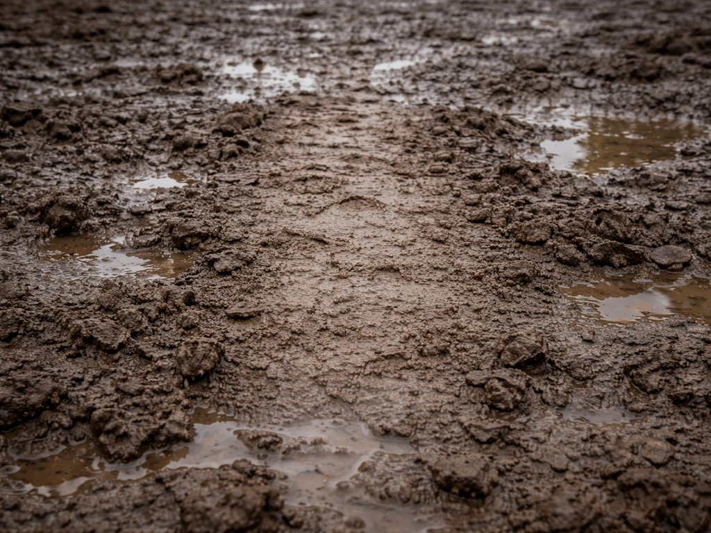 Sol argileux lourd détrempé avec une zone plus compactée, illustrant une zone à risque après plusieurs jours de pluie.