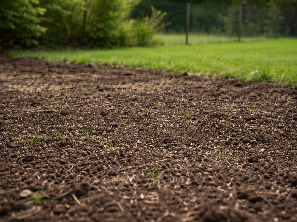 Parcelle de jardin avec graines de gazon fraîchement semées et terreau léger, lumière naturelle.