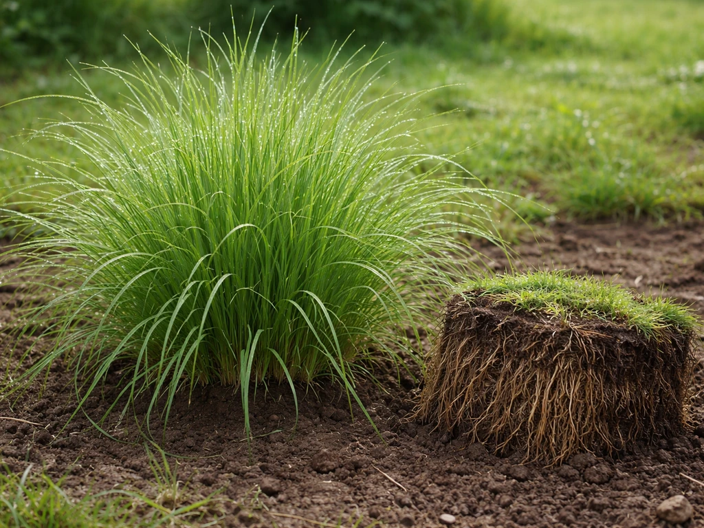 Touffe de fétuque élevée avec terre humide, racines visibles, pour illustrer sa résistance en été.