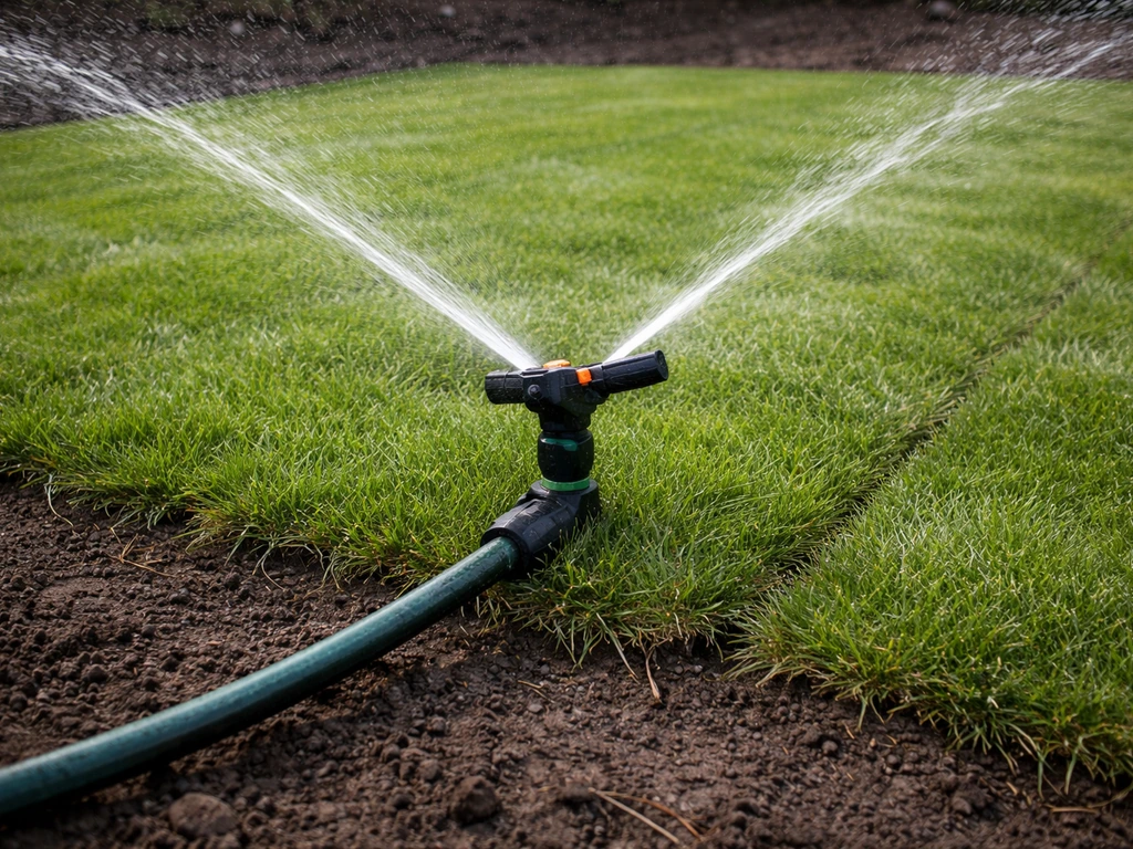 Arroseur de jardin projetant de l’eau sur des rouleaux de gazon fraîchement posés, humidification uniforme.