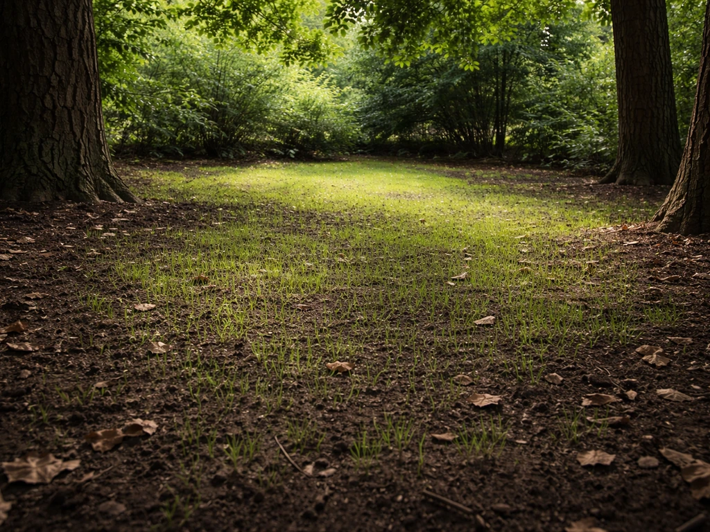 Gazon sous des arbres, sol humide et ombragé, jeunes pousses entre la végétation, lumière filtrée.