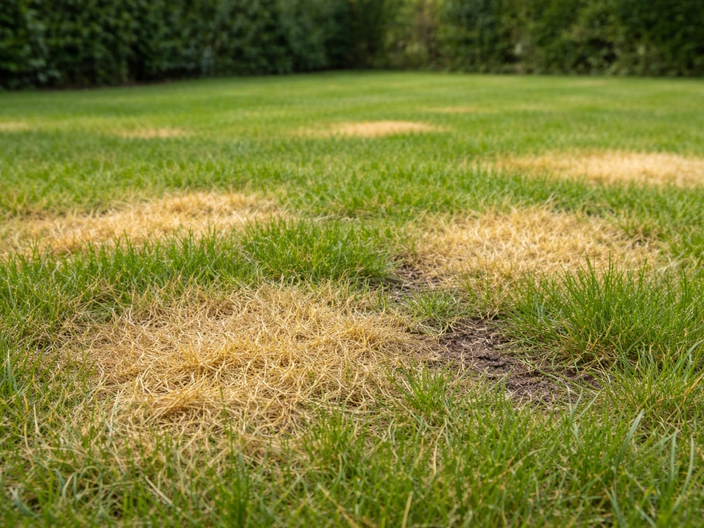 Pelouse de jardin française avec zones nettement jaunies au premier plan, texture et brins visibles.