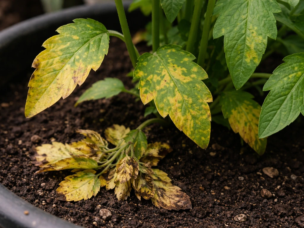 Gros plan sur feuilles et tiges avec zones jaunies distinctes : bordures, taches et zones piétinées, lumière naturelle.