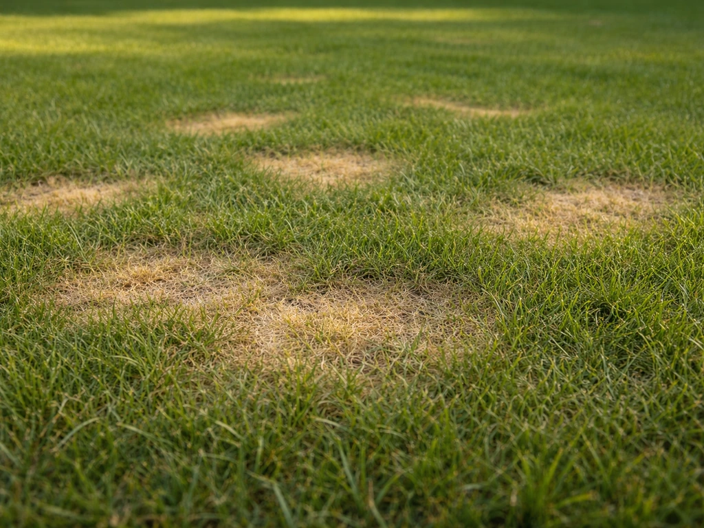 Pelouse avec taches irrégulières jaunâtres, zones plus claires évocatrices d’une maladie fongique