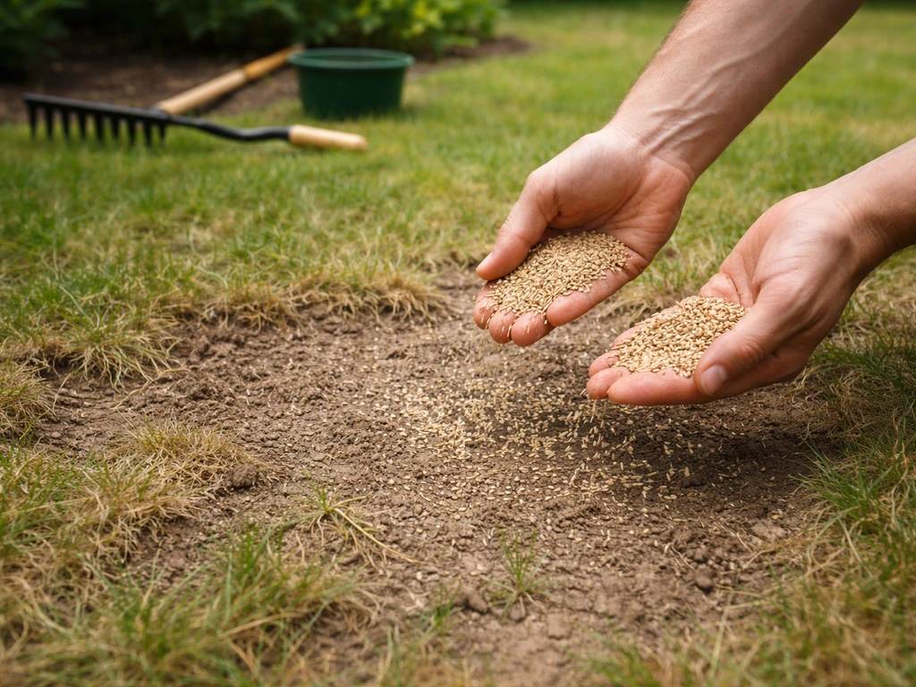 Mains qui épandent des graines de gazon sur une zone jaunie de pelouse, pour un regarnissage après diagnostic.