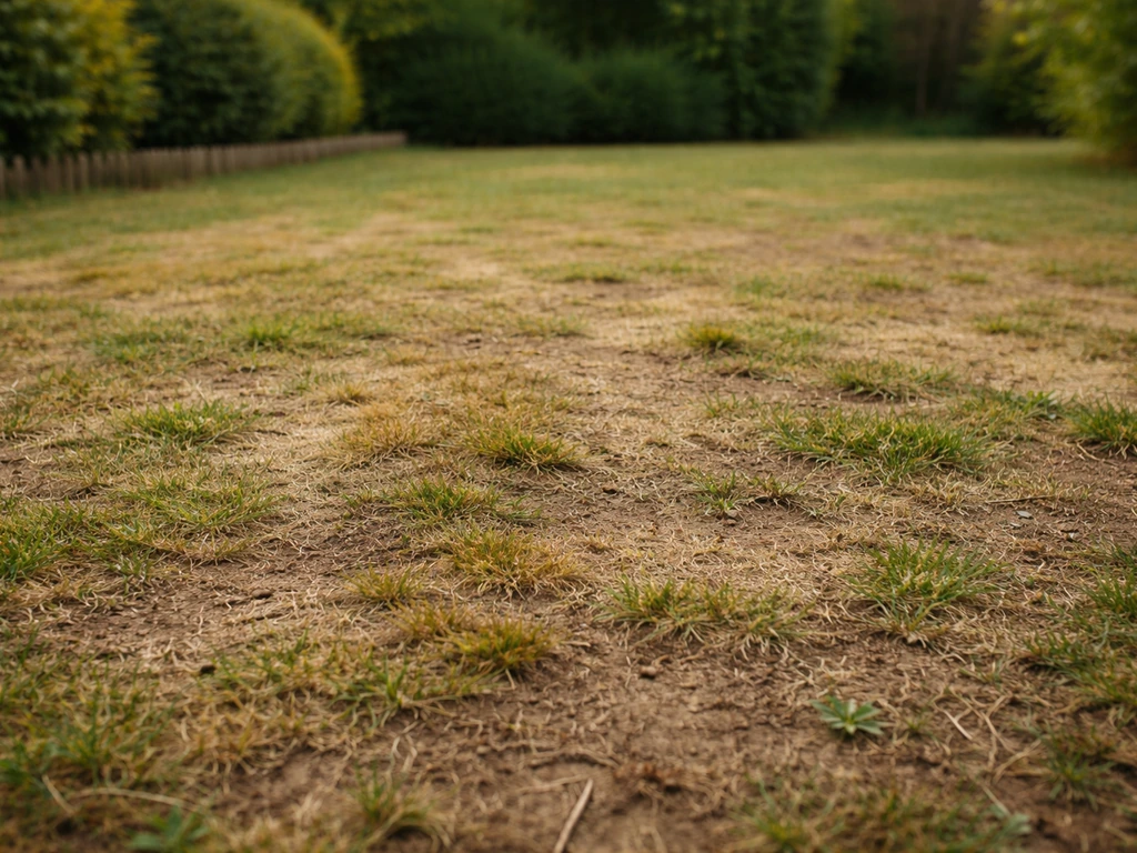 Pelouse visiblement abîmée et clairsemée avec taches jaunes/brunes et mousse, dans un jardin résidentiel français.
