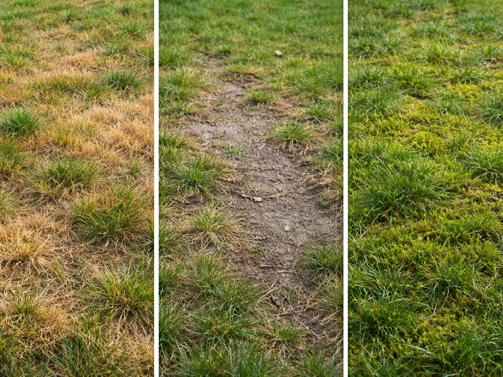 Trois photos côte à côte d’un gazon : plaques brunes/jaunes, zones dénudées et mousse verte.