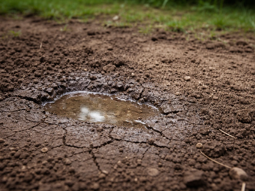 Sol croûté et compacté avec une flaque qui stagne après arrosage, eau qui ne s’infiltre pas.