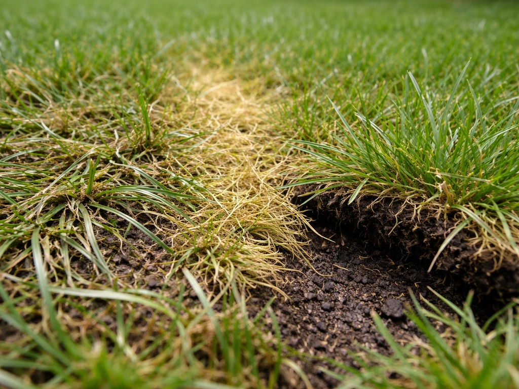 Gazon au sol : zones flétries, jaunies et herbe qui se décroche, vue rapprochée