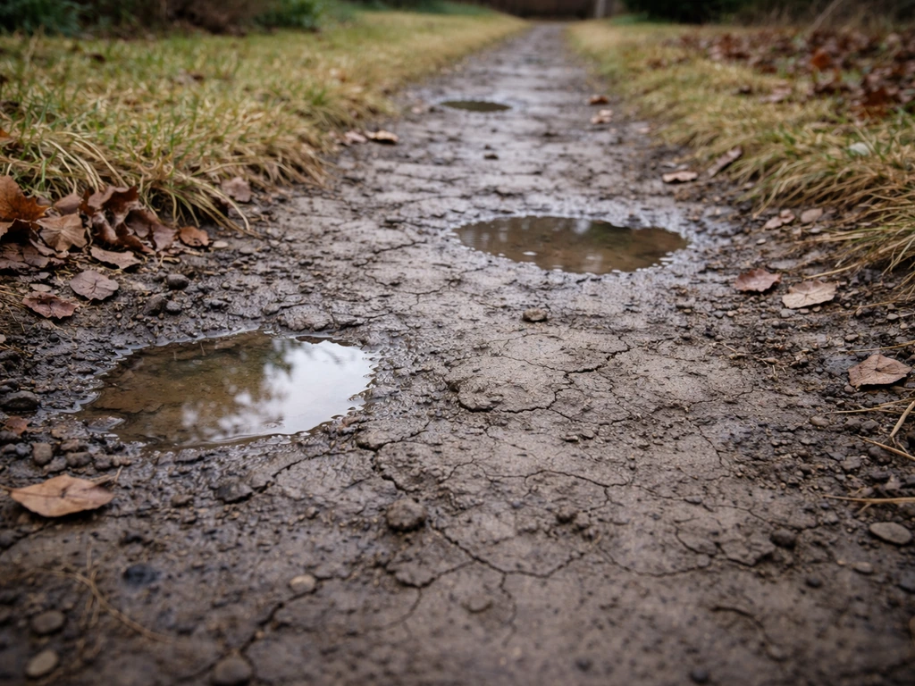 Allée de jardin abîmée par gel-dégel, flaques et sol délavé avec petites irrégularités