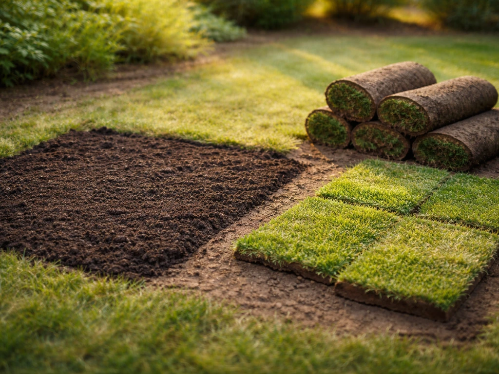 Semis en terre fraîche à gauche et plaques de gazon en mottes prêtes à poser à droite, jardin.