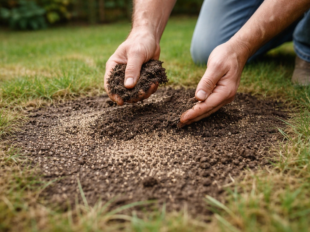 Jardinier en train de sursemer une pelouse : graines visibles, terre légèrement recouverte et pressage au sol