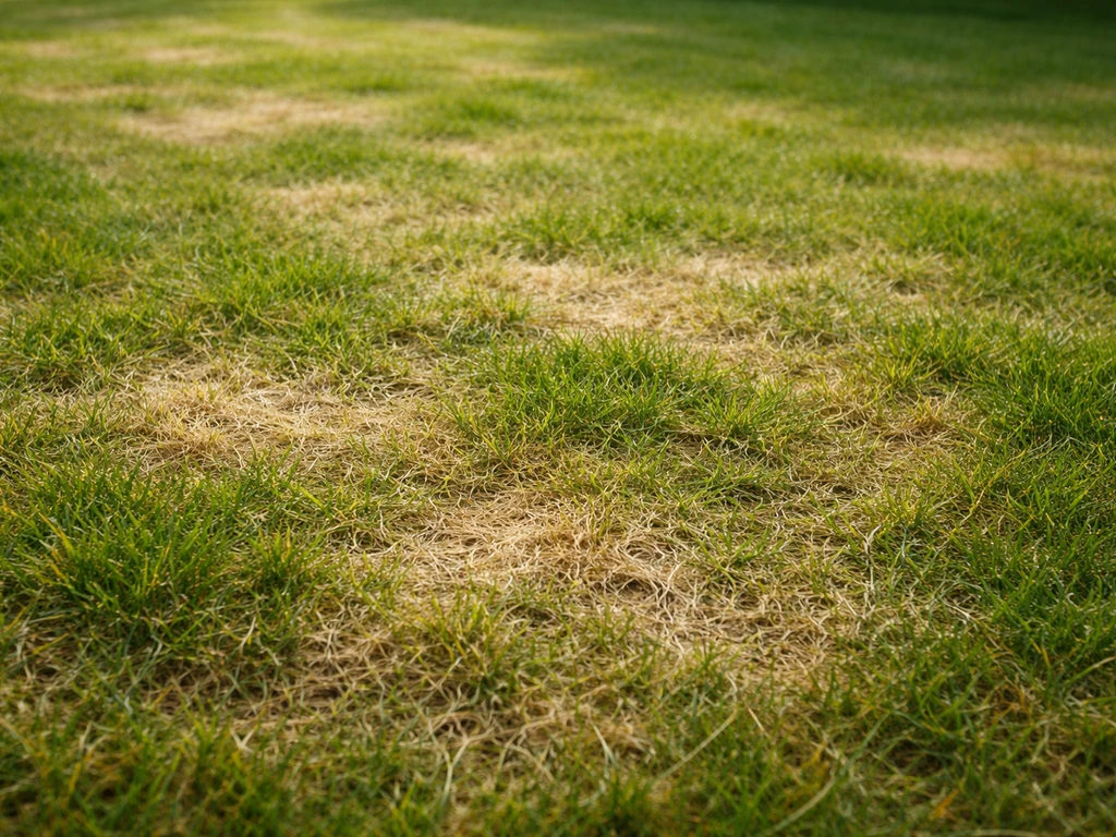 Pelouse de printemps avec zones jaunes et vertes, aspect clairsemé et stress léger sous une lumière douce.