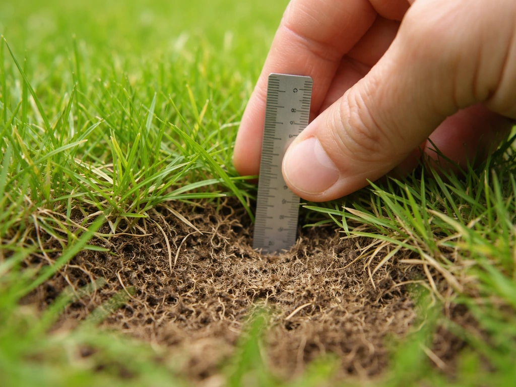 Main écarte l’herbe pour inspecter la base, avec une règle mesurant l’épaisseur de feutrage.