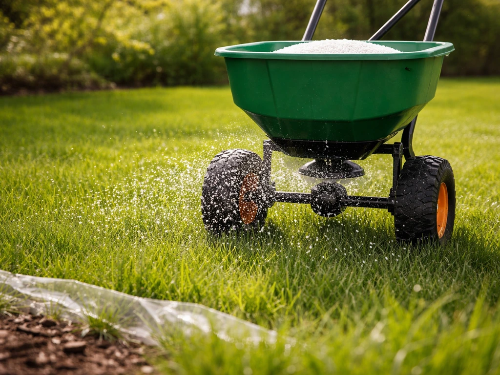 Épandage de granulés d’engrais de printemps sur une pelouse avec une épandeuse à gazon, zones protégées au bord.