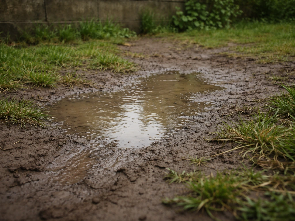 Flaque d’eau stagnante sur un sol de jardin, entre herbe clairsemée, indiquant un mauvais drainage.