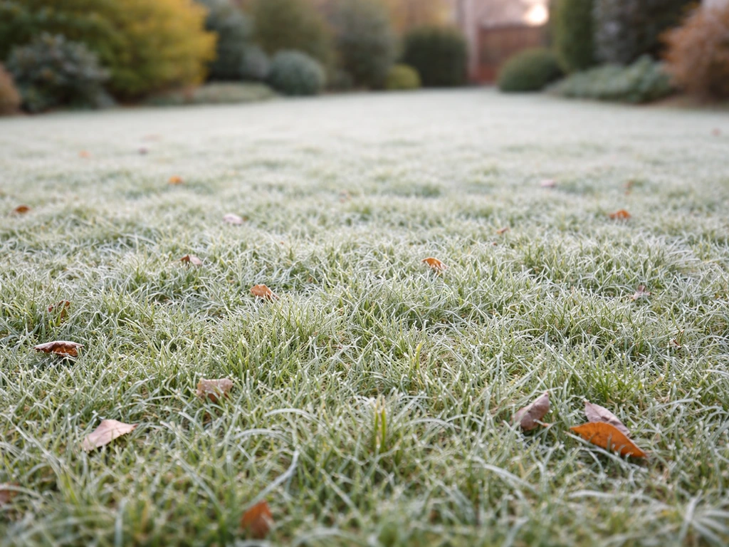 Pelouse de gazon française au début de l’hiver, givre léger sur l’herbe, feuillage encore présent.