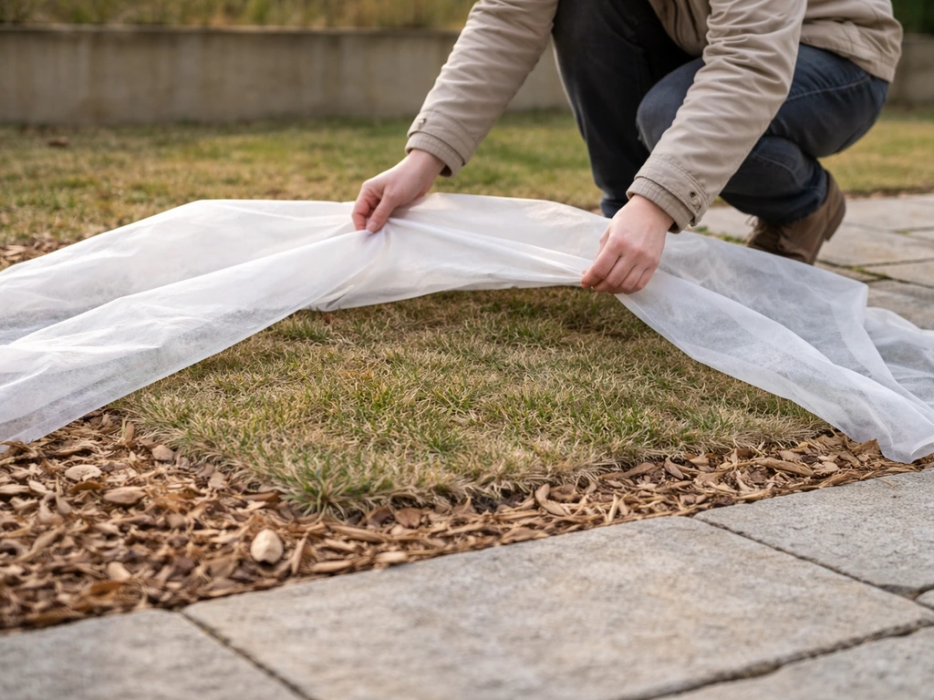Voile d’hivernage et paillage léger sur un petit coin de gazon exposé, près d’une terrasse, pour le protéger du gel.